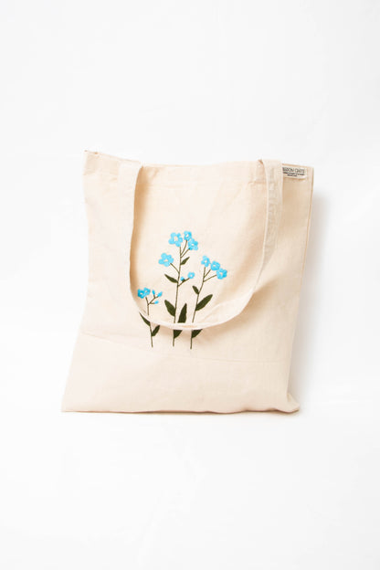 Blue Cornflower Embroidered Canvas Tote