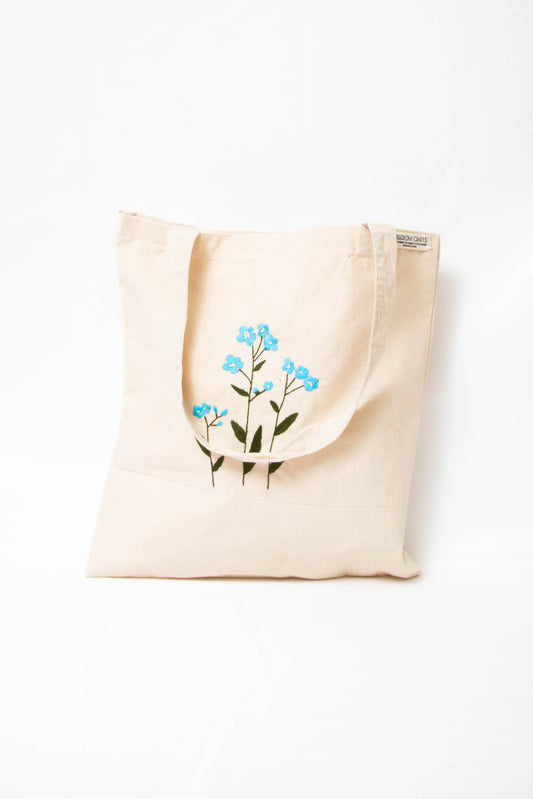 Blue Cornflower Embroidered Canvas Tote