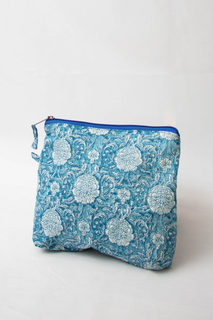 Blue Block Print Makeup Bag