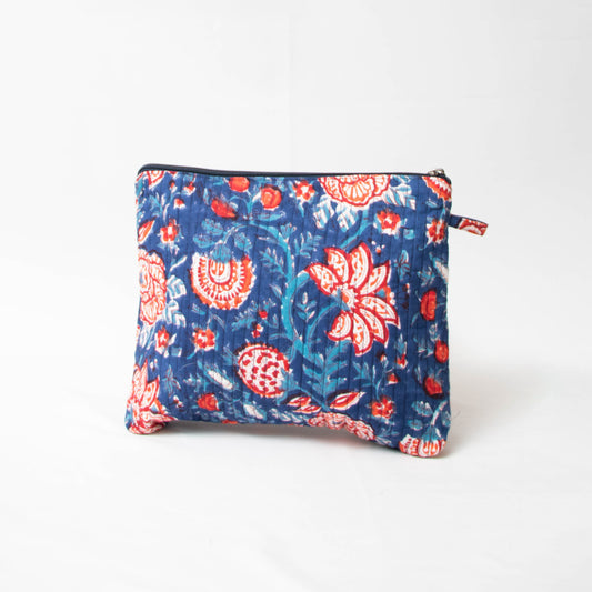 Blue and Red Floral Quilted Makeup Bag