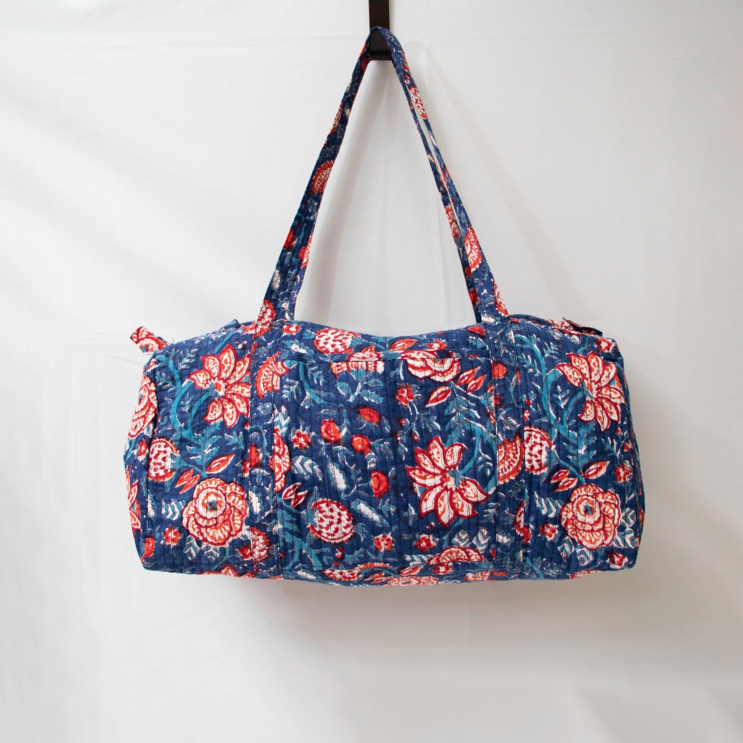 Blue and Red Floral Quilted Duffle Bag